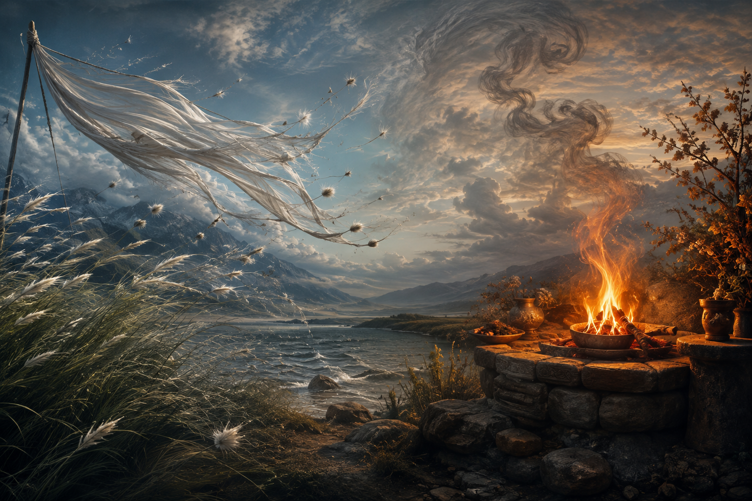 Continuous landscape contrasting wind moving grass, cloth, seeds, and water with a contained fire transforming wood into flame, embers, and smoke.