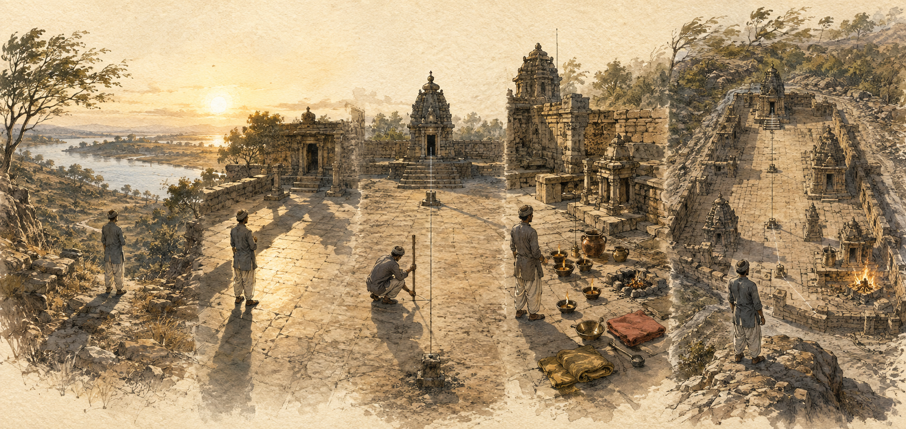 Five-part wordless illustration of an observer studying a temple site's landscape, sunlight, central axis, permanent structures, movable ritual objects, wind, and fire.