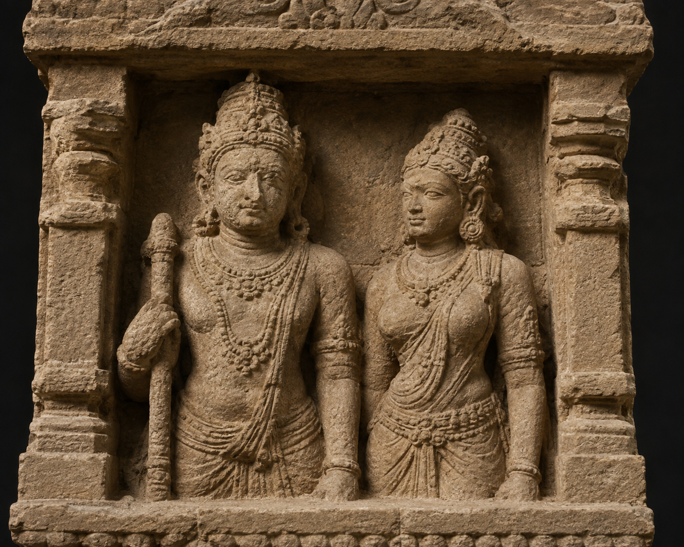 Close view of a sandstone relief in which Sukriti stands beside Shukra within a shared architectural niche.