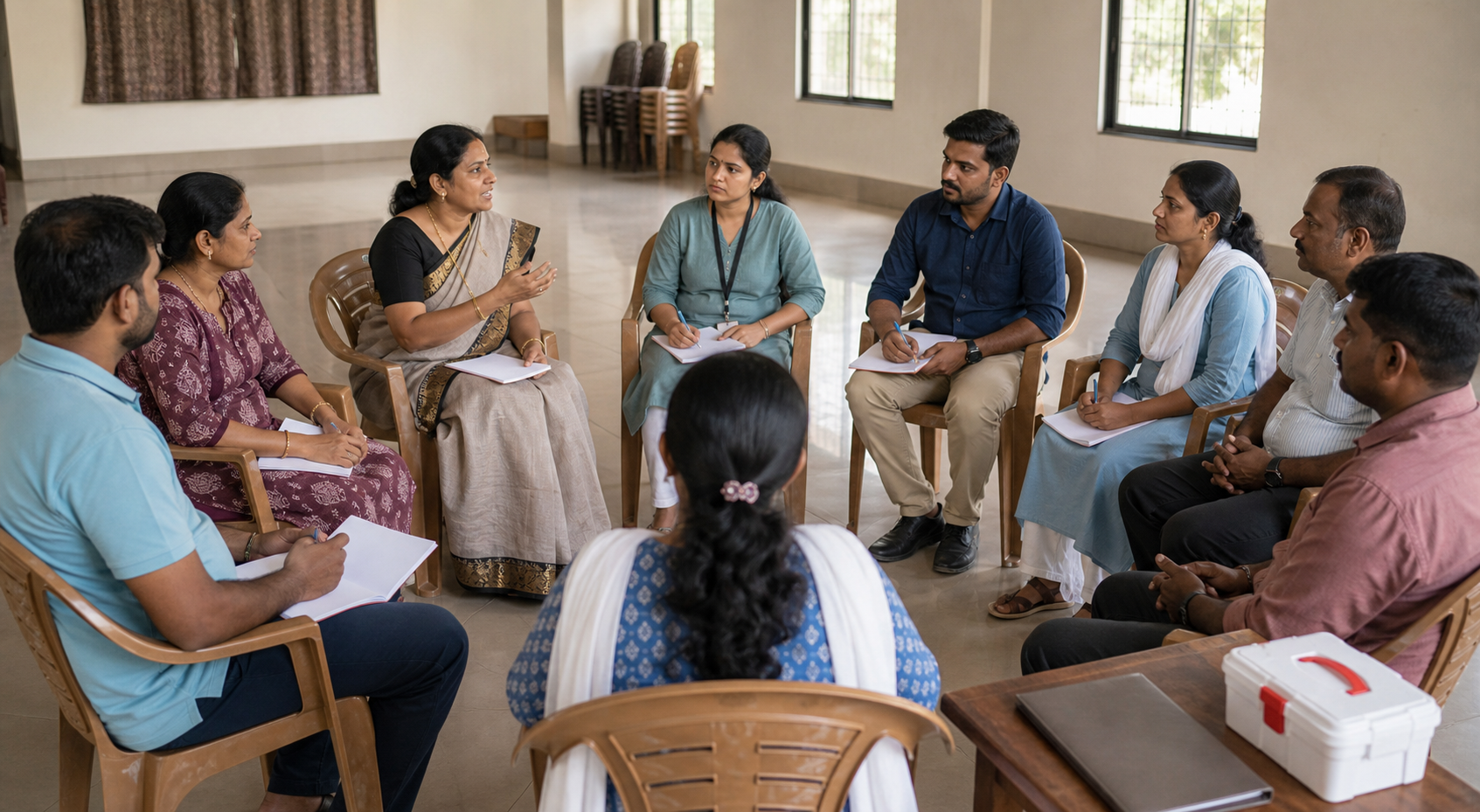 Dapoli residents take part in a calm community safety discussion with counseling and legal-aid volunteers.