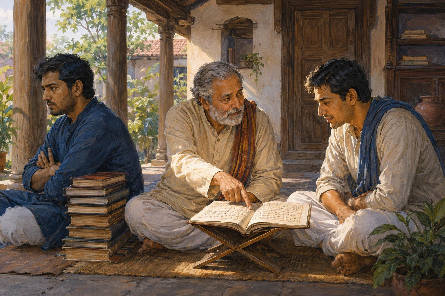 A teacher points to a manuscript while one seated student listens openly and another turns away with folded arms.