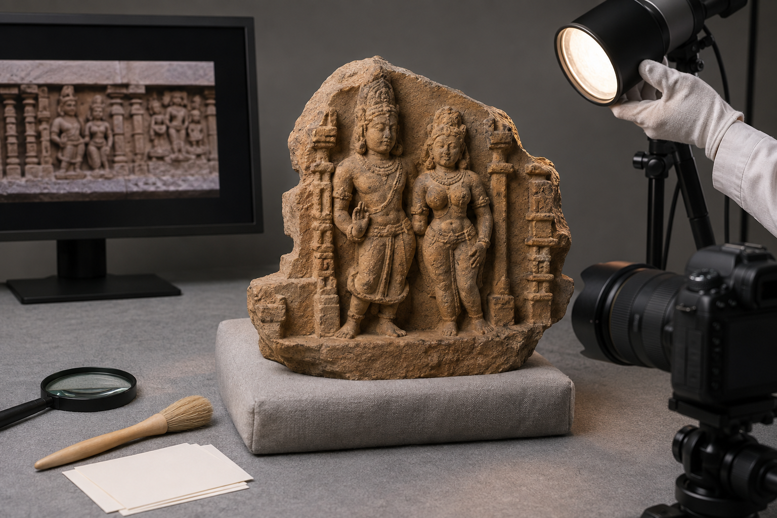 A museum specialist documents a weathered sandstone relief under controlled lighting while preserving the context around its paired figures.