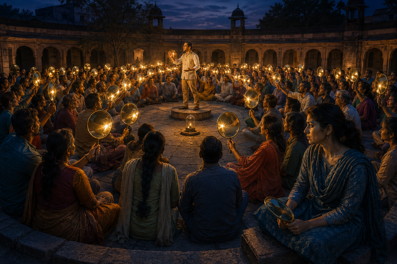 A crowd raises brass mirrors that amplify light around a confident speaker while one observer examines the dim lamp itself.
