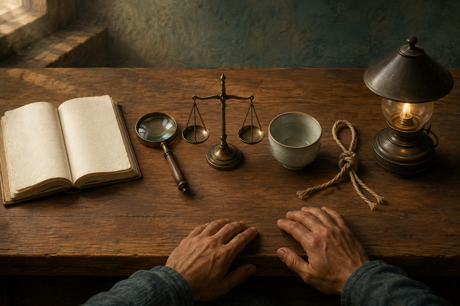 Six objects on a wooden desk symbolize study, verification, balance, receptivity, examined assumptions, and careful speech.