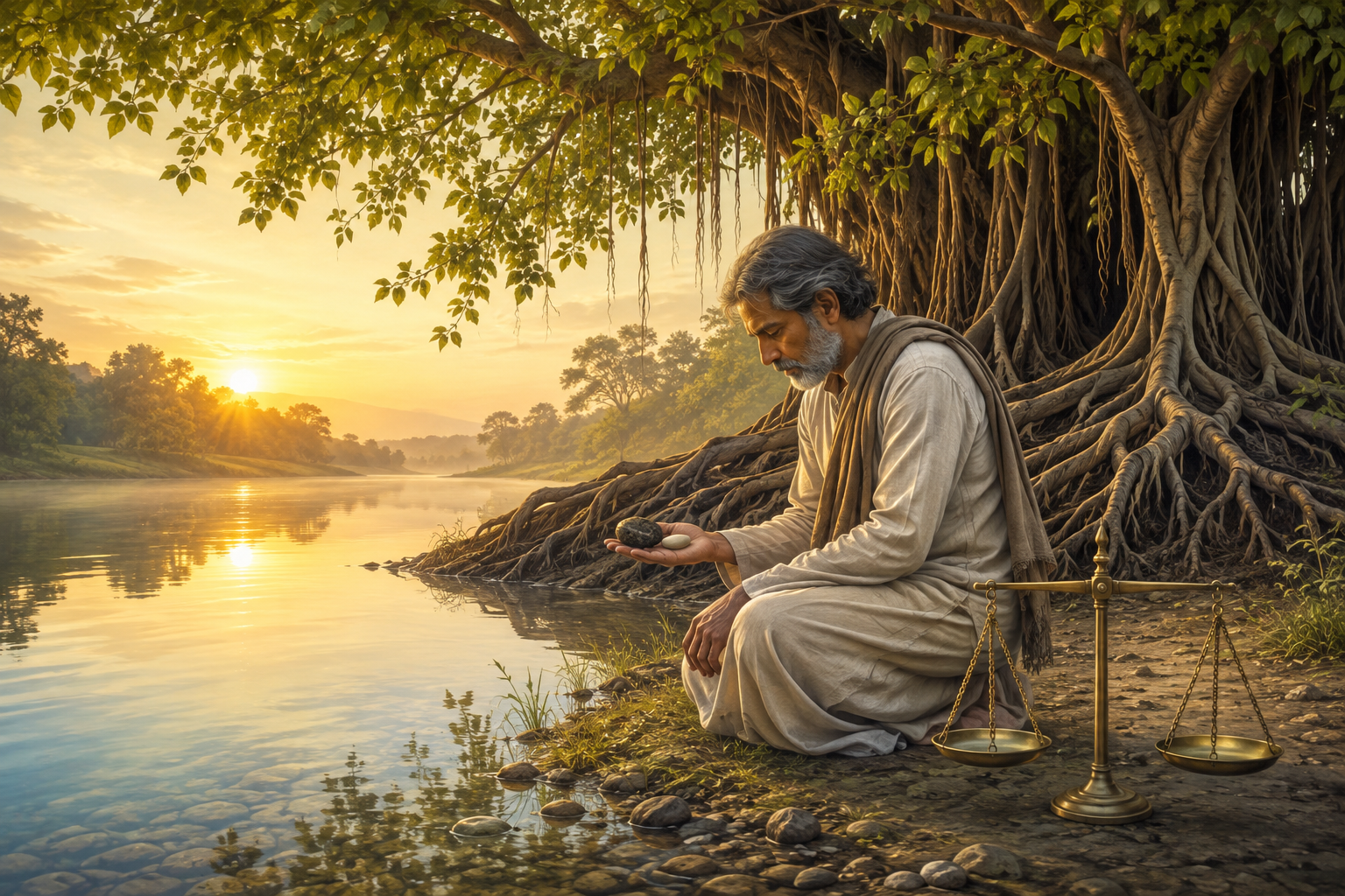 A kneeling scholar carefully compares two stones beside a balanced scale, a river, and a deeply rooted banyan tree.