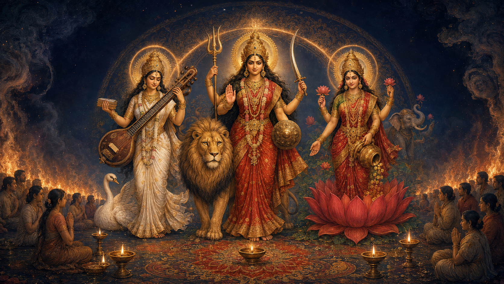 Three radiant goddess figures with a lion, swan, lotus blossoms, and elephants stand within a protective ring of fire as dark shapes dissolve outside it.