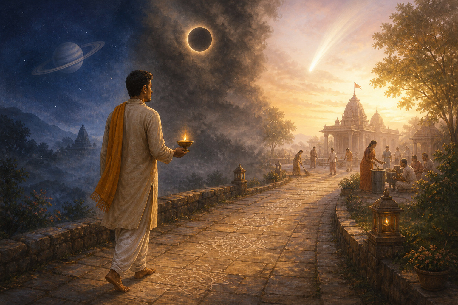 A person carrying a lit oil lamp walks at dawn beneath symbolic celestial forms toward a temple courtyard where people are serving food.