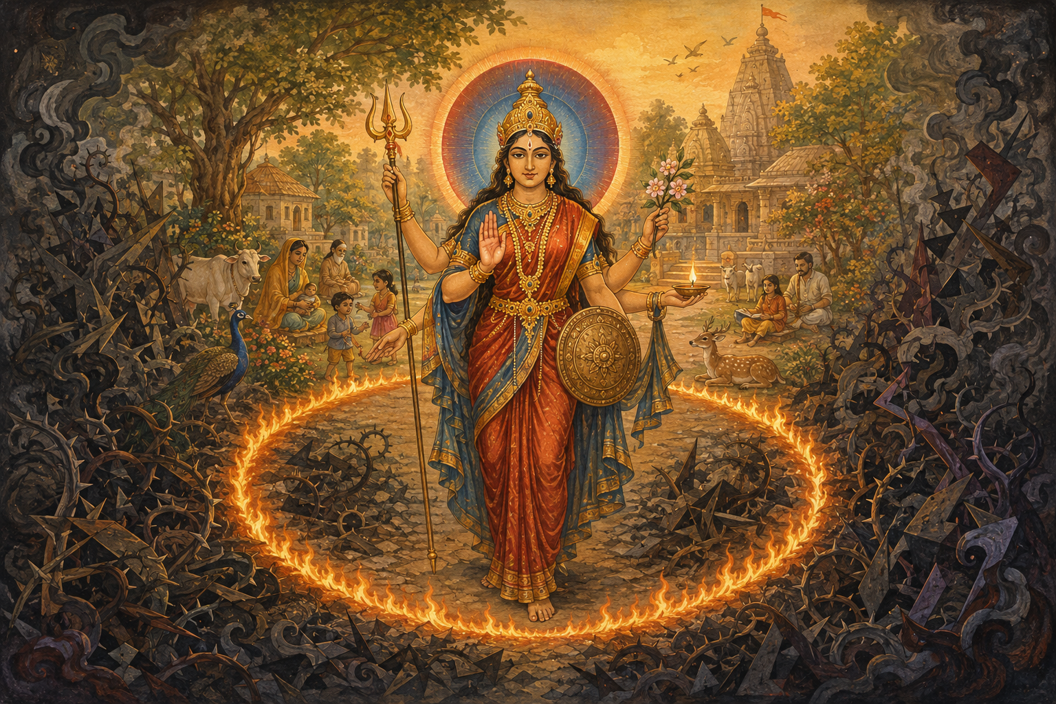 A many-armed goddess holding protective objects stands between a peaceful community and dark smoke stopped by a circular line of flame.