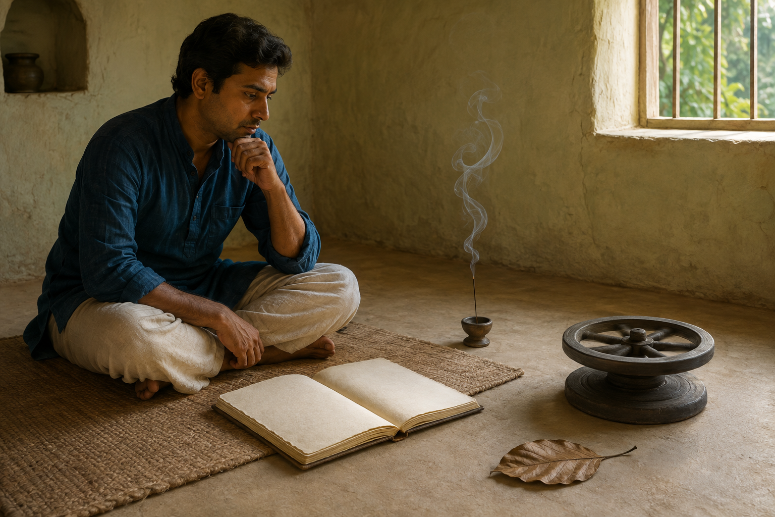 A seated person calmly observes a clay wheel, curling incense smoke and a dry leaf beside a blank journal.