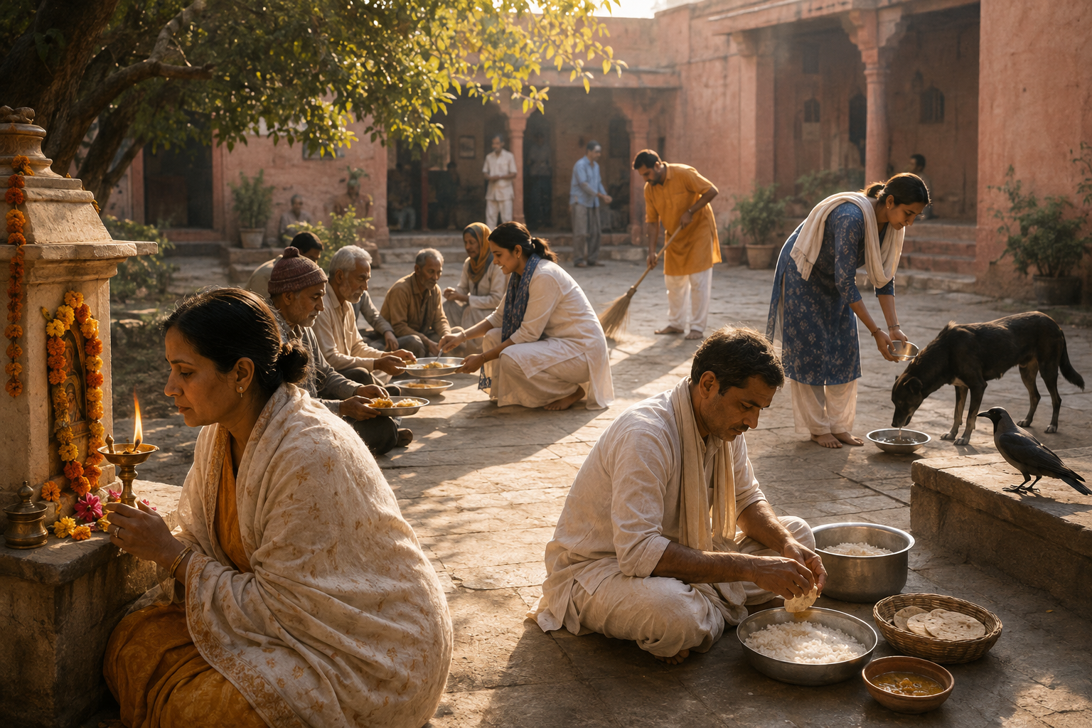 People light a lamp, prepare and serve food, clean a courtyard and offer water to animals in a community setting.