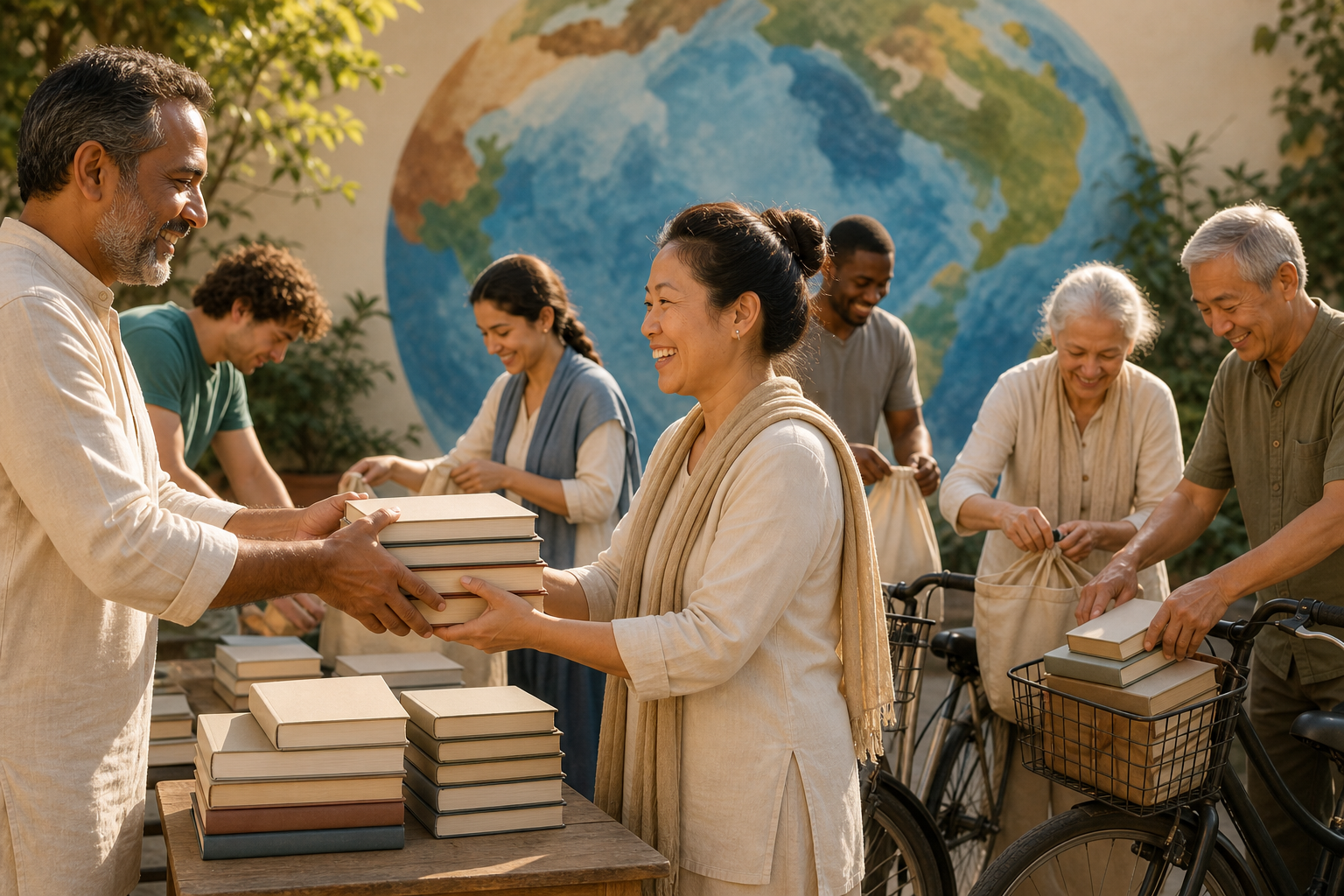 A diverse group of volunteers passes unmarked spiritual books between them while preparing cloth bags and bicycles in a sunlit courtyard.