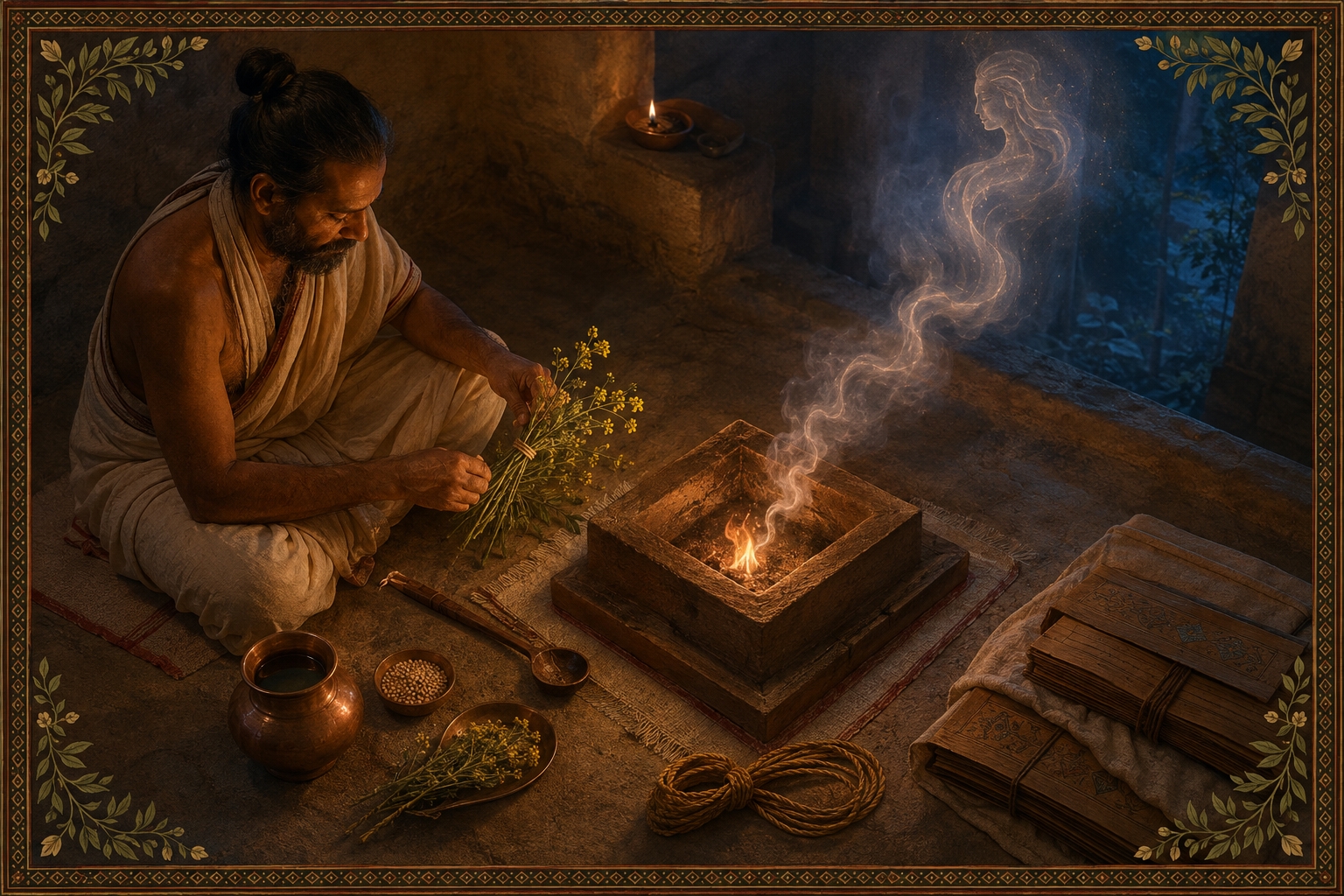 A seated ritual practitioner arranges herbs, grains, a wooden ladle, and a copper vessel beside a small fire altar and wrapped palm-leaf folios.