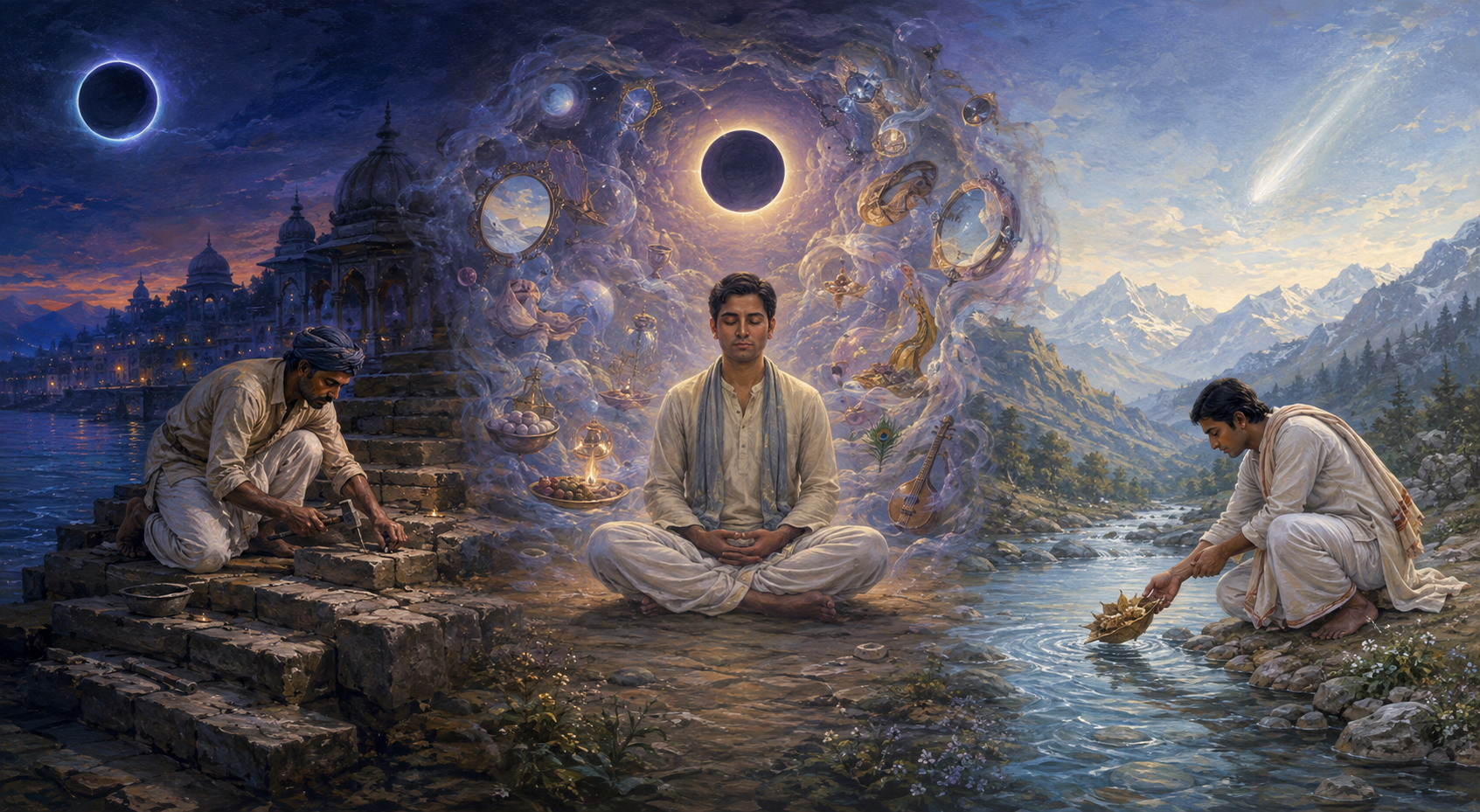 A continuous three-part landscape shows a worker repairing steps, a meditator amid smoke and mirrors, and a pilgrim beside a mountain stream.