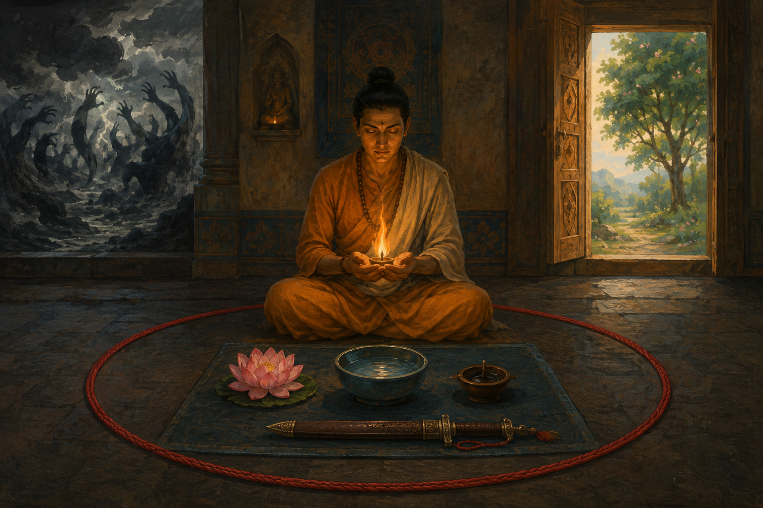A practitioner cups a small flame above a carefully arranged altar enclosed by a red protective cord, with daylight visible through an open doorway.