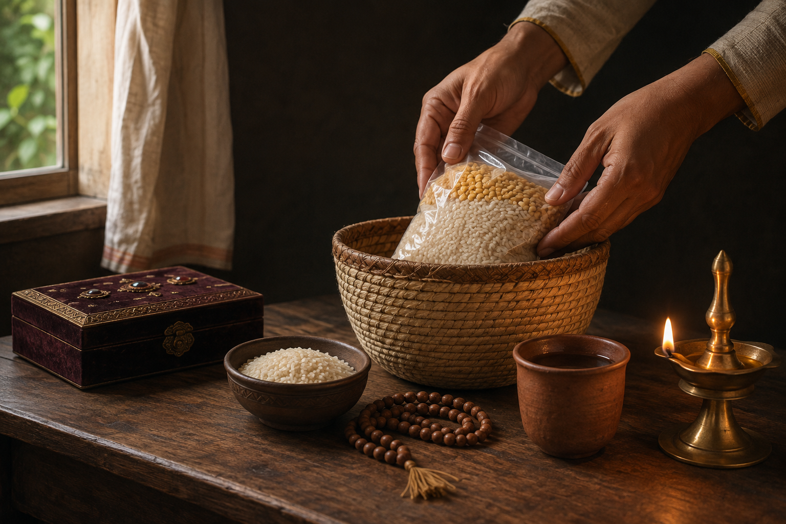 A closed gemstone box sits beside a lit brass lamp, rice, prayer beads, water and hands placing food in a donation basket.