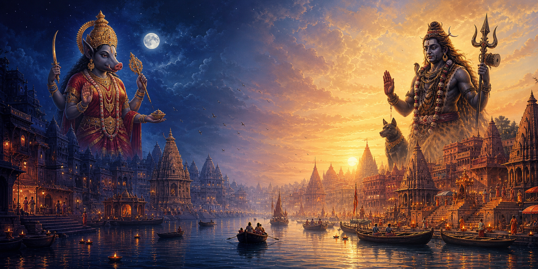 Goddess Varahi watches over moonlit Kashi while Kalabhairava guards the sunlit ghats beside the Ganges.