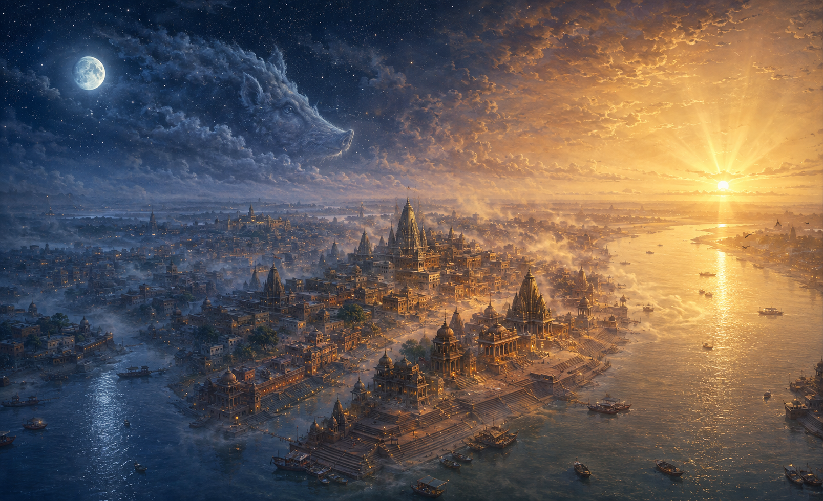 An aerial view of Kashi and the Ganges transitions from moonlit night to golden daylight across the same sacred city.