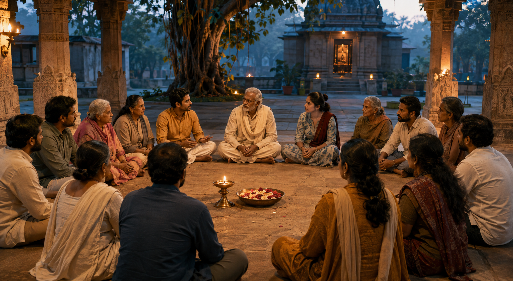 Community members sit in a circle around a small oil lamp and flower petals in a temple courtyard at dawn.