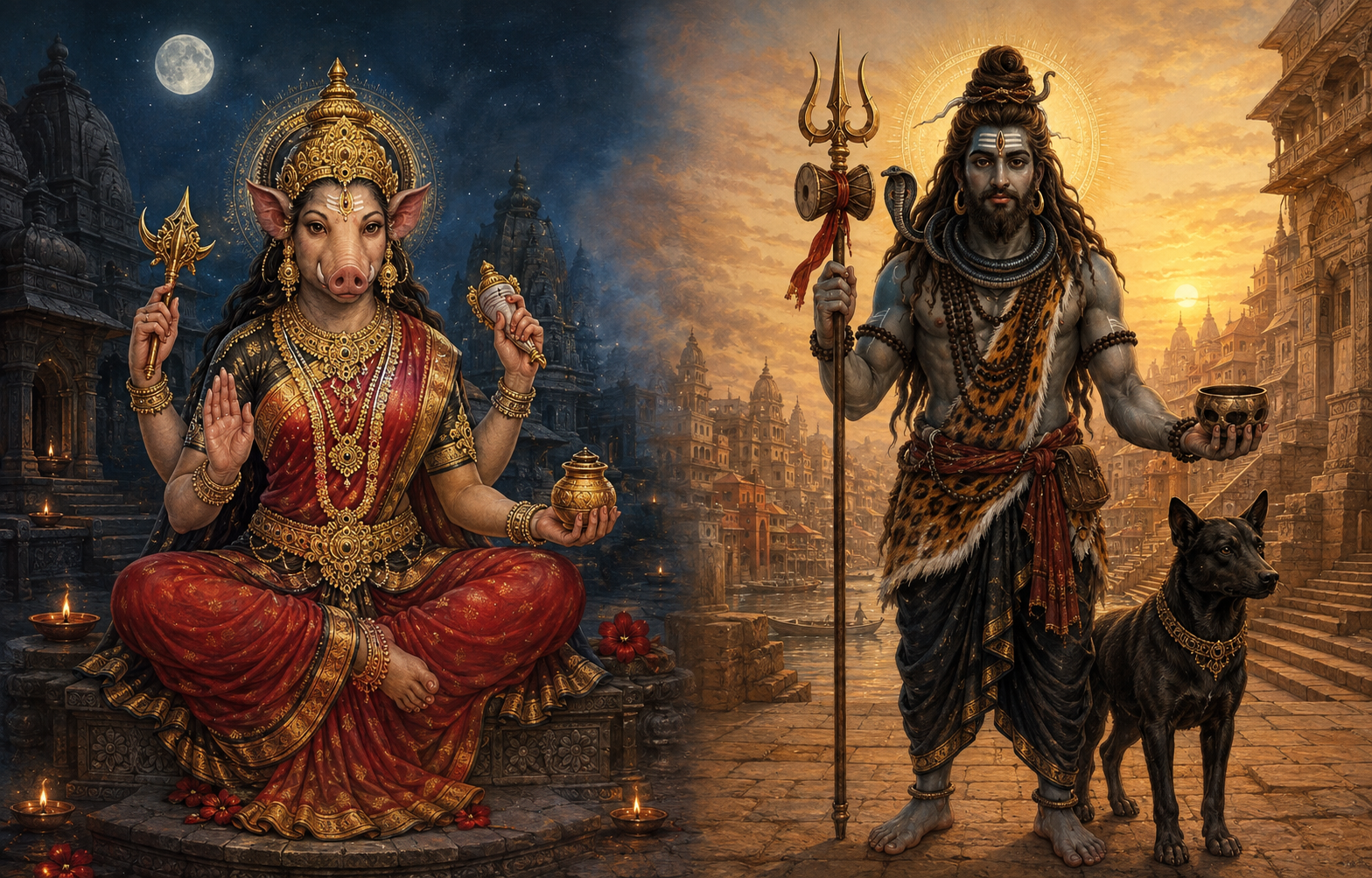 Varahi stands in a moonlit temple courtyard opposite Kalabhairava and a black dog in a sunlit stone passage.