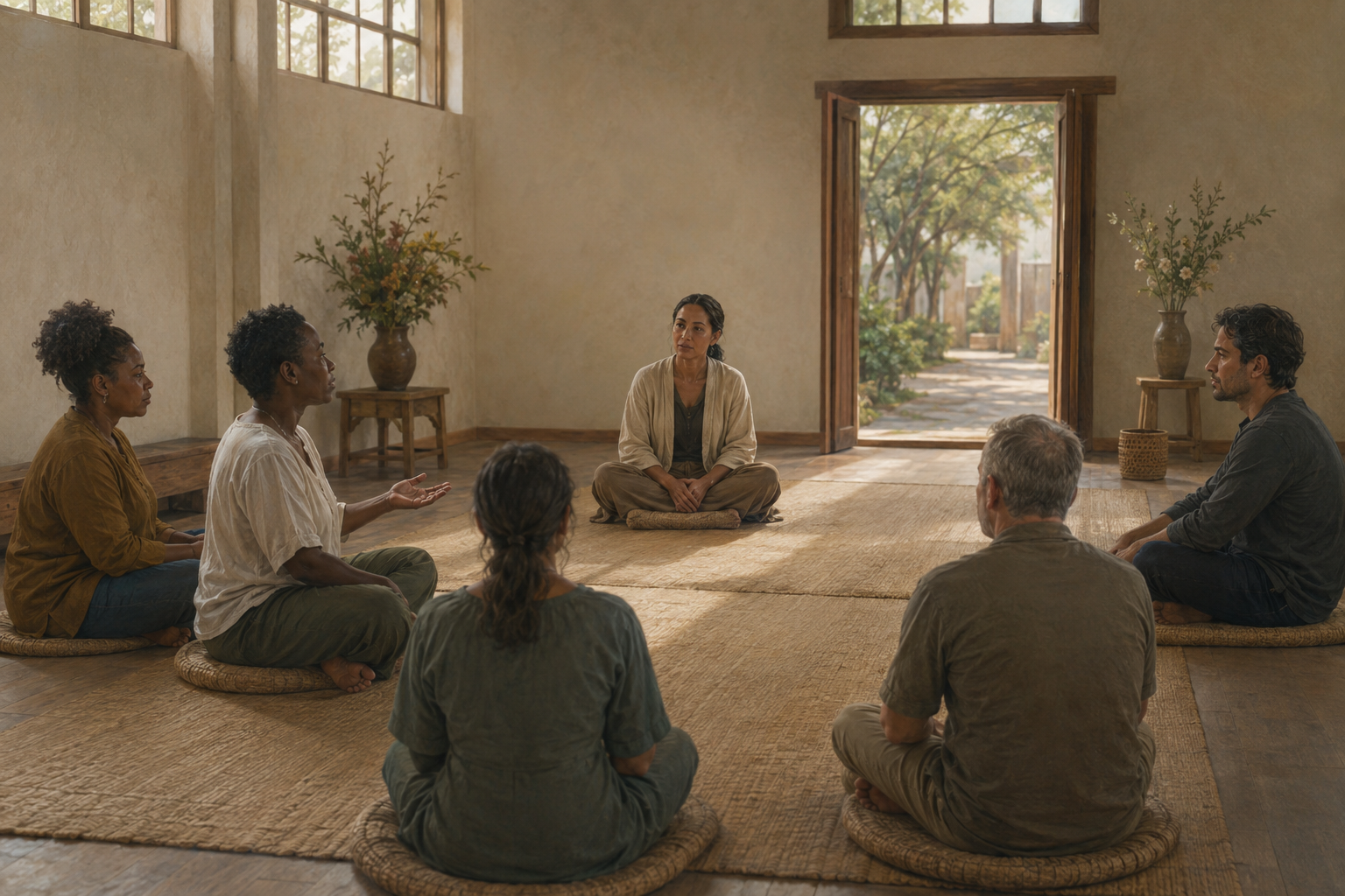 A facilitator and two small groups take part in a structured conversation in a quiet community hall.