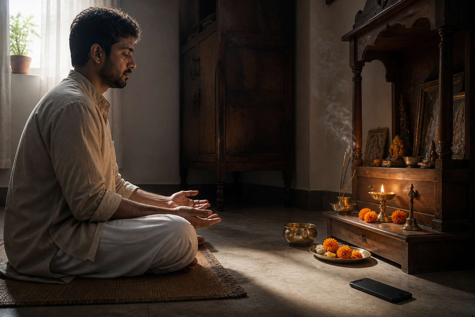 A person sits in quiet prayer before a small home shrine with an oil lamp, flowers, water, and incense.