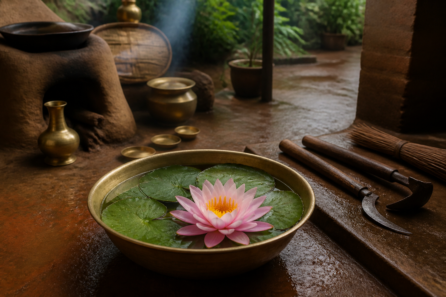 A pale pink shaluk water lily in a bell-metal bowl, with a Bengali cooking hearth and cleaned hand tools visible in the courtyard behind it.