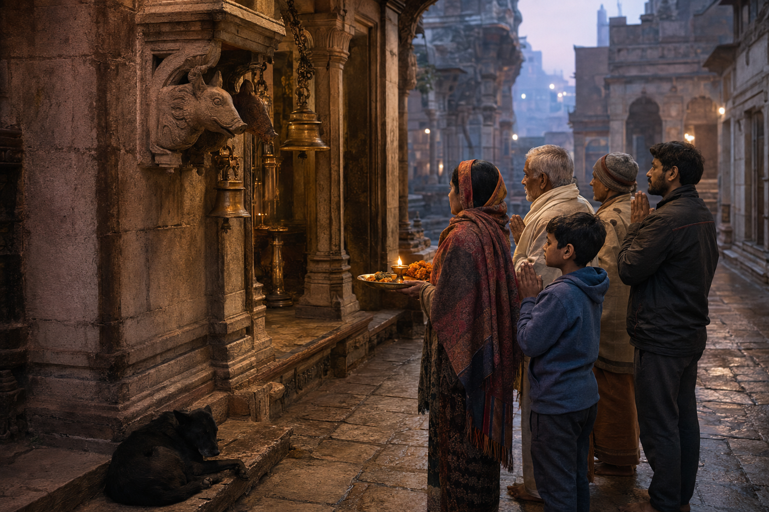Devotees carrying flowers and an oil lamp approach a temple lane in Kashi before dawn as a black dog rests nearby.