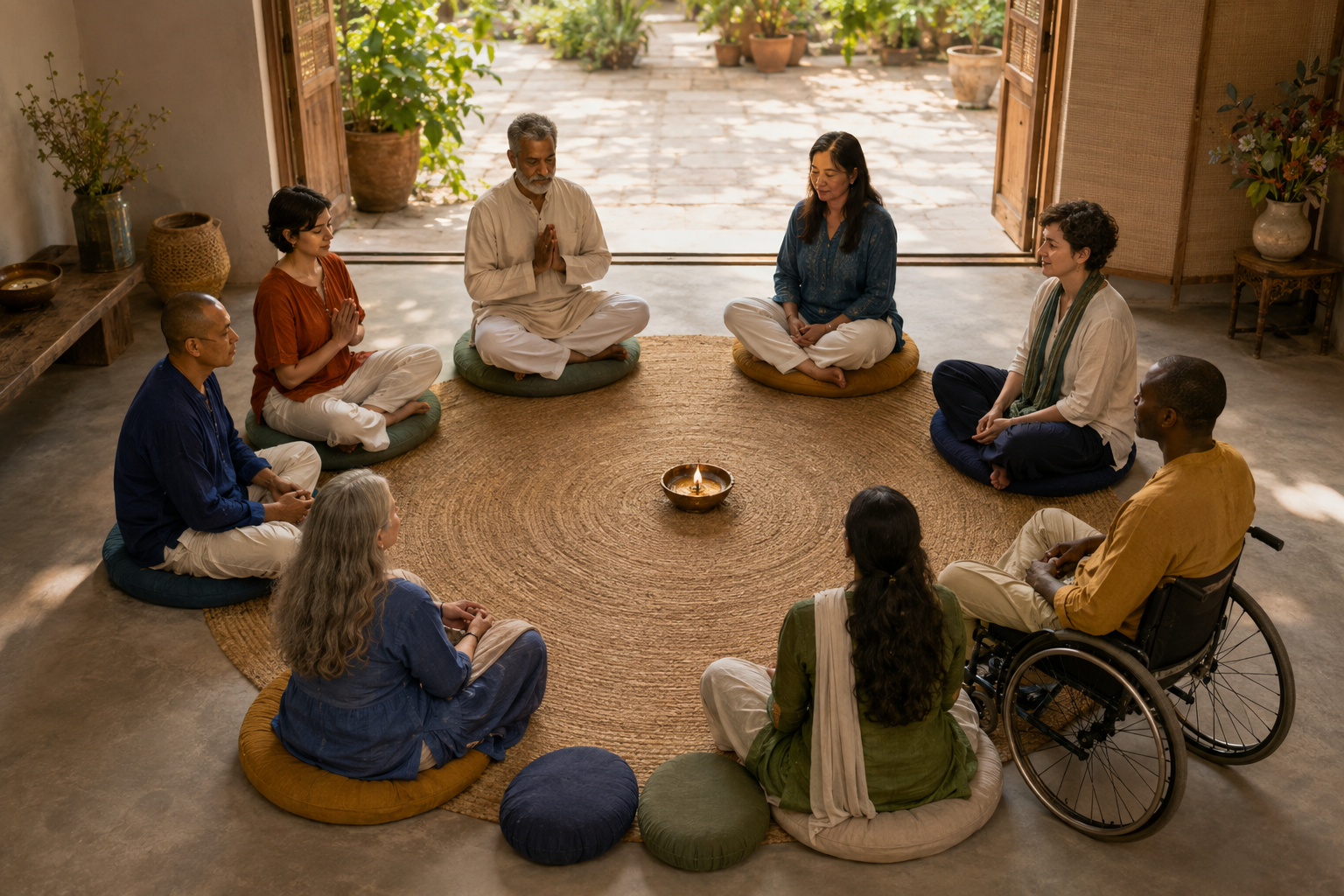 Eight adults sit in an unbroken prayer circle around a low lamp, with two empty cushions and an open doorway nearby.