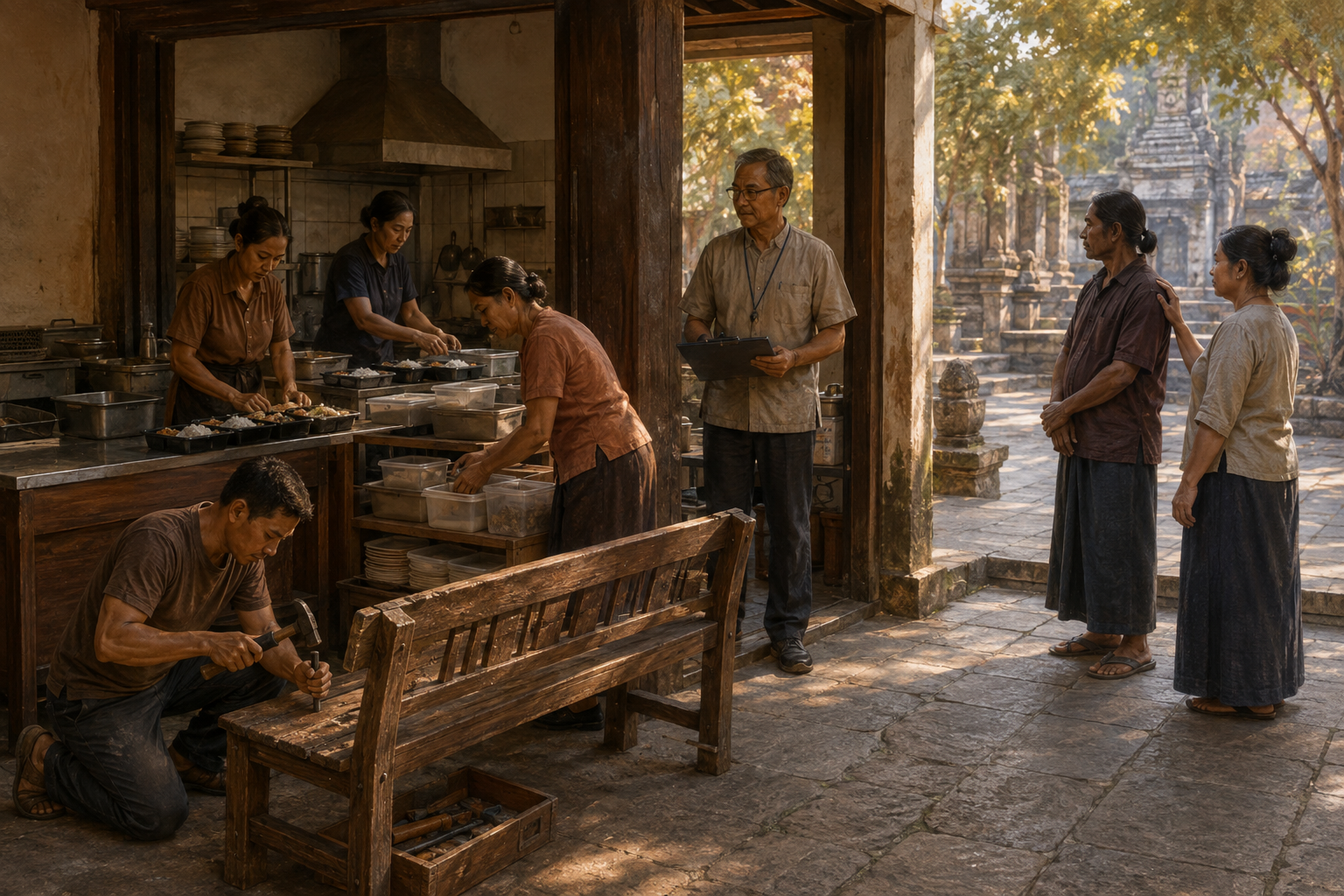 Adults repair a bench, organize food supplies, and prepare meal trays in a temple community kitchen and courtyard.