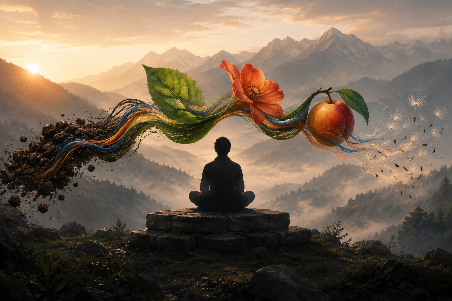 A continuous ribbon of earth transforms into a leaf, flower, fruit, and seeds before a still seated observer in a mountain landscape.