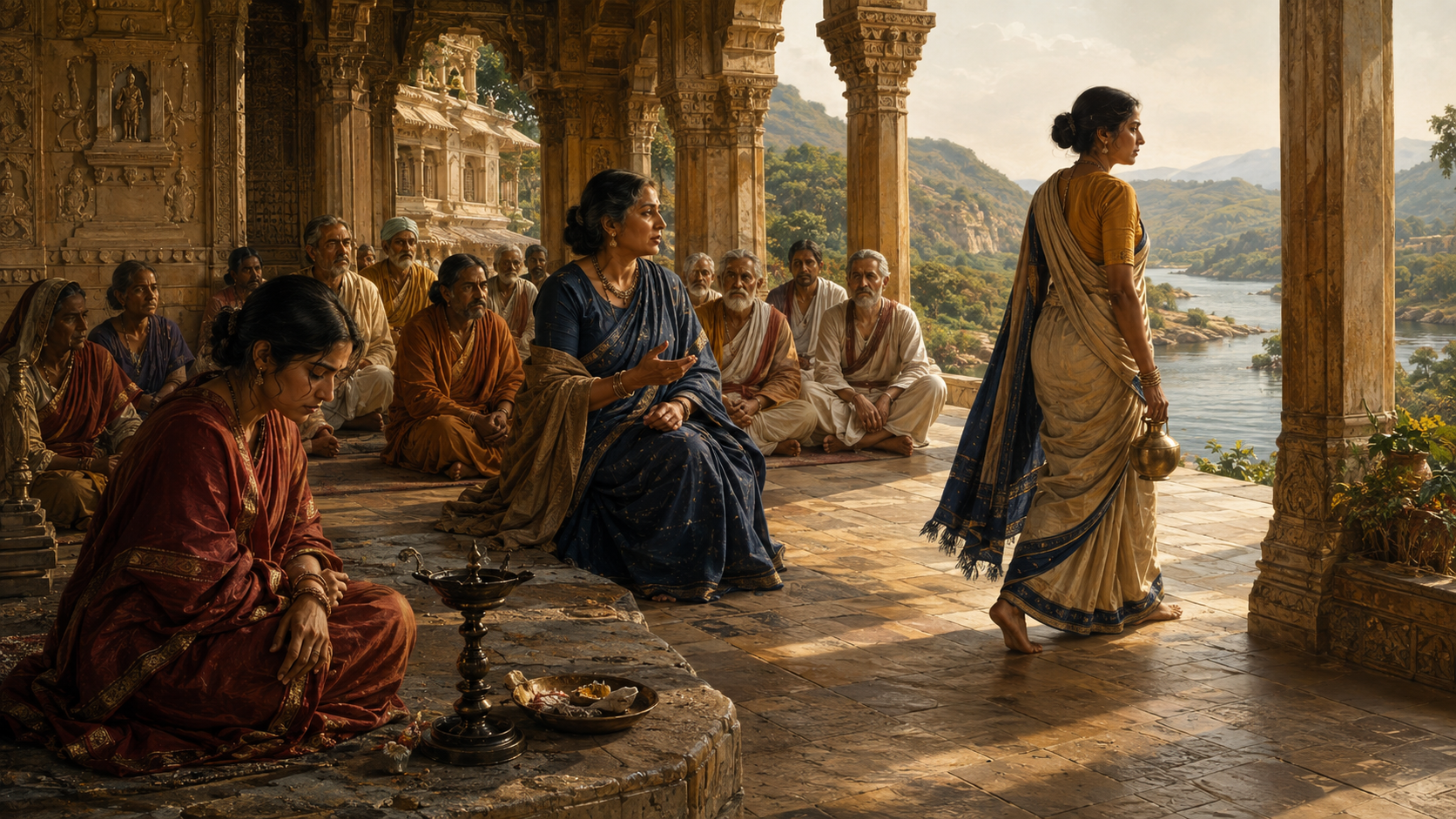 Three women in an ancient Indian palace courtyard grieve, address an assembly, and carry a ritual vessel toward an open colonnade.