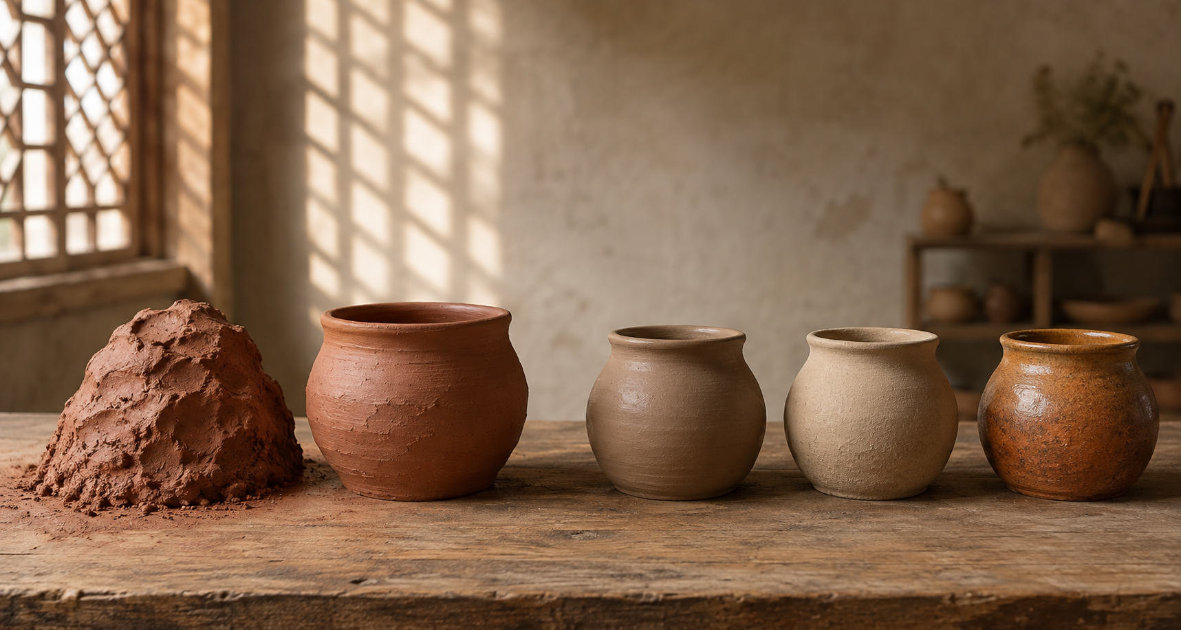 Terracotta clay is shown first as a mound and shaped vessel, then as vessels in damp, dry, and fired conditions.