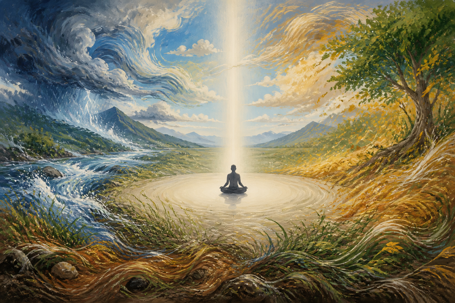 A motionless seated figure watches a landscape of moving water, changing leaves, windblown grass, and shifting clouds.