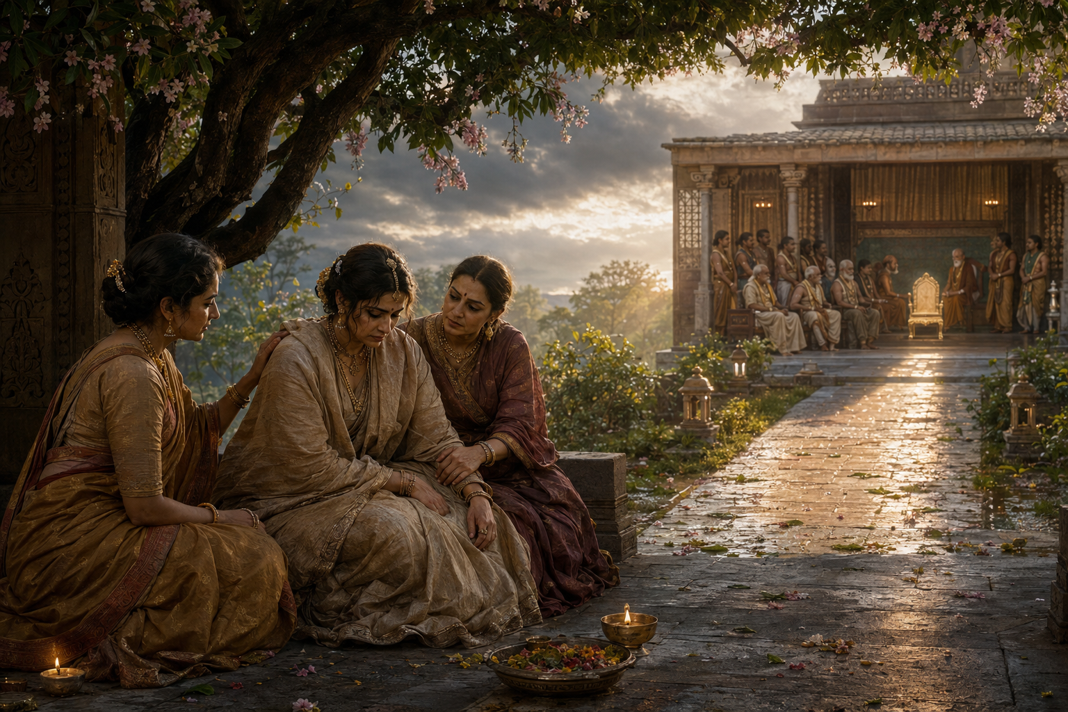 A grieving woman sits with two female companions on a palace terrace while an open path leads to a nearby council chamber.