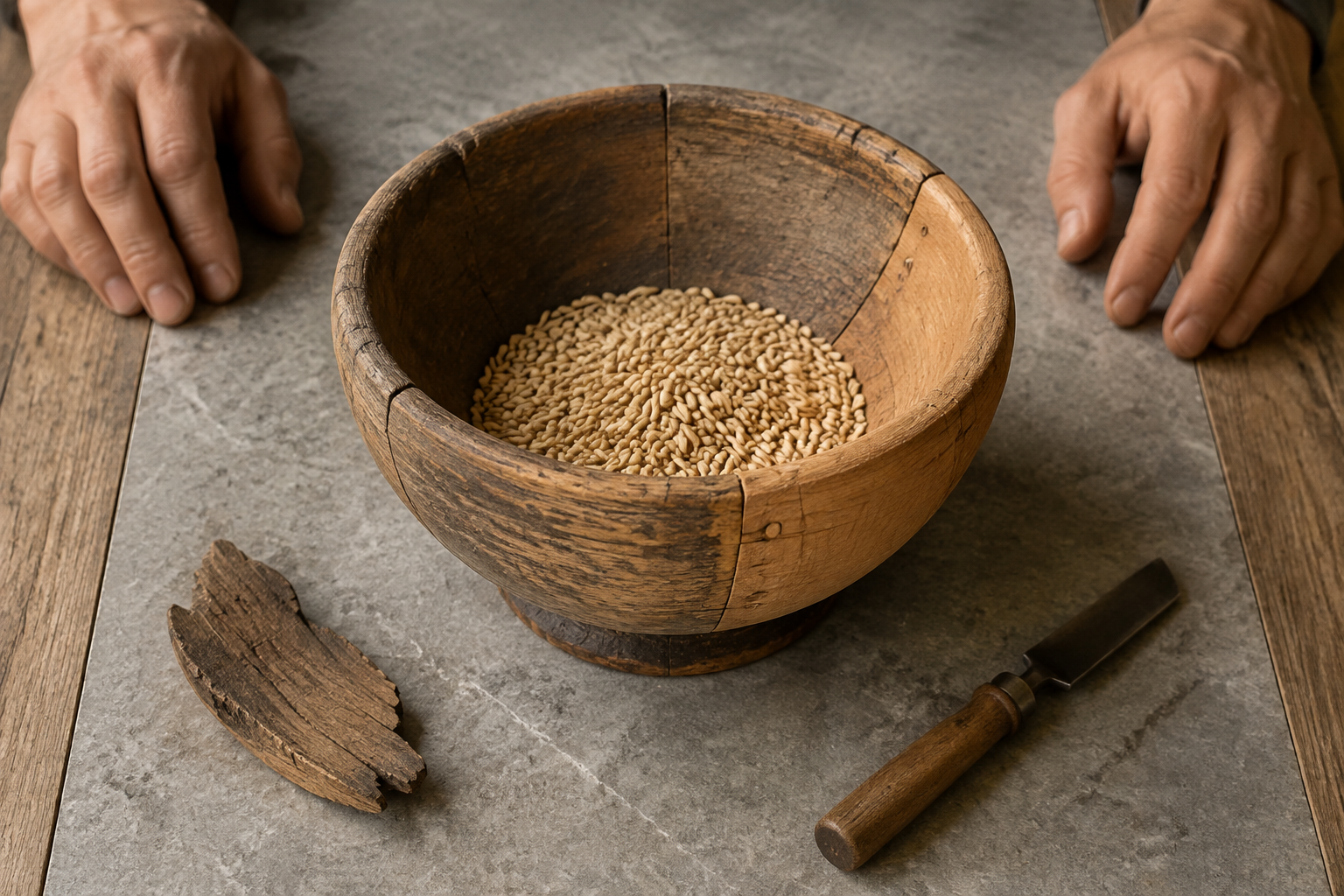Hands examine a repaired wooden bowl surrounded by its original fragment, enduring base, joined piece, tool, and grain showing its current use.
