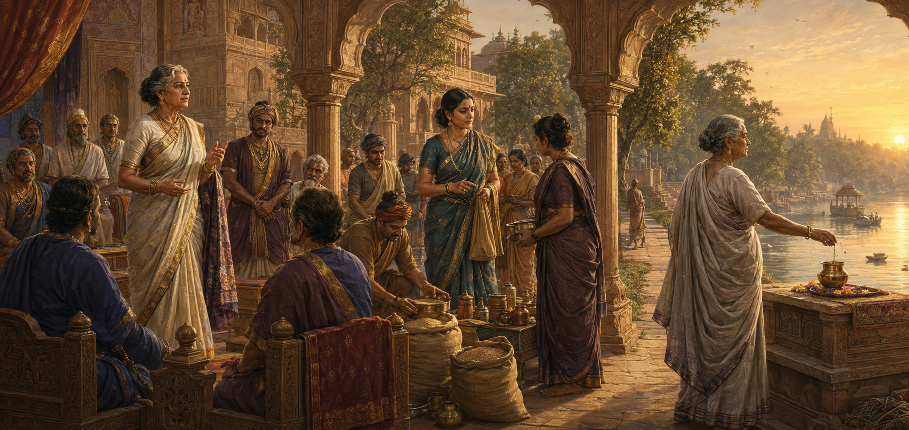 A panoramic scene shows women speaking in a council, directing the distribution of supplies, and making a riverside ritual offering.