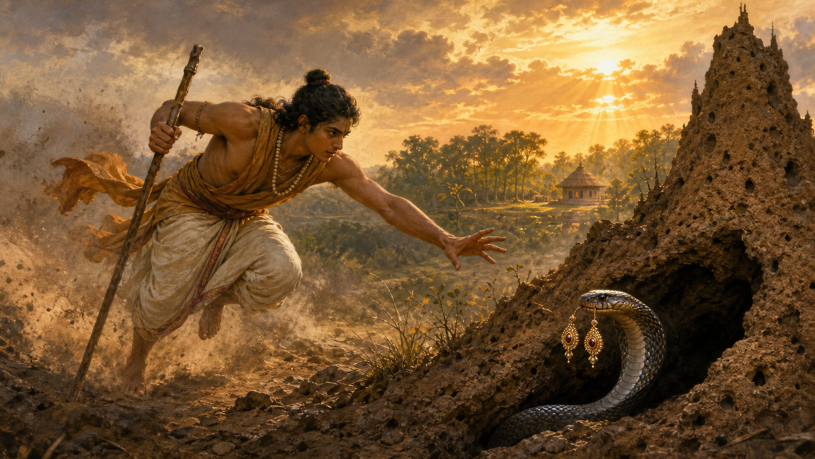 Utanka pursues a cobra carrying a pair of jeweled earrings toward a fissure beneath an anthill, with a forest hermitage visible in the distance.