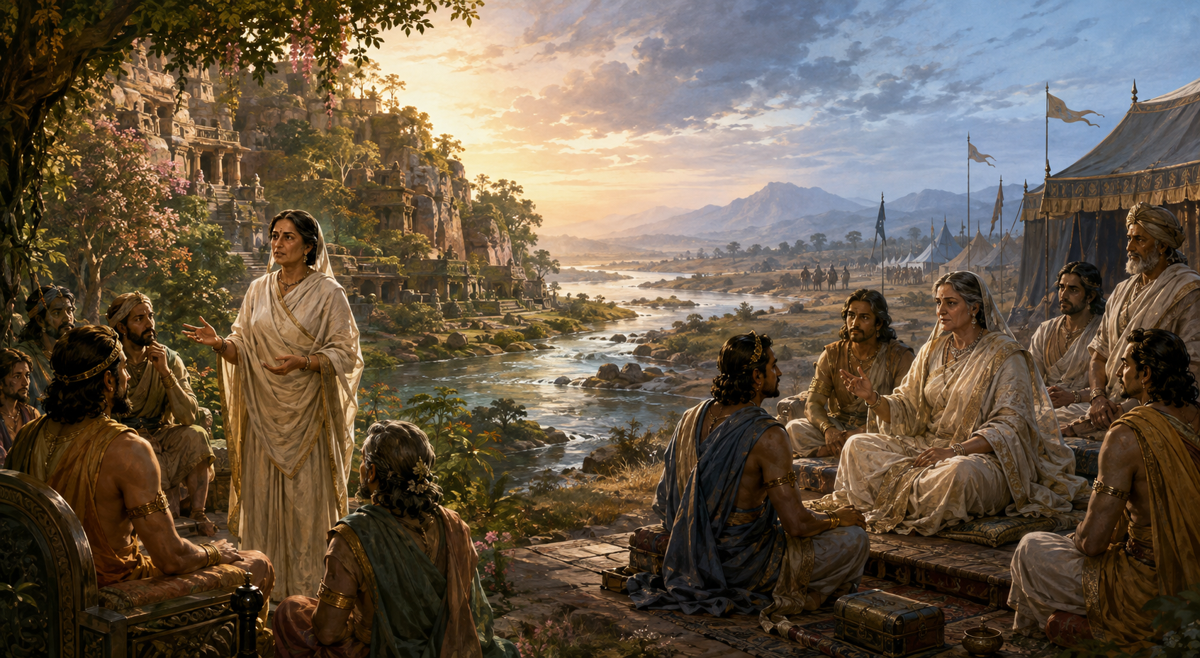 Two epic-inspired scenes show a woman counseling a forest court and a queen-mother advising her adult sons beside a river-plain encampment.