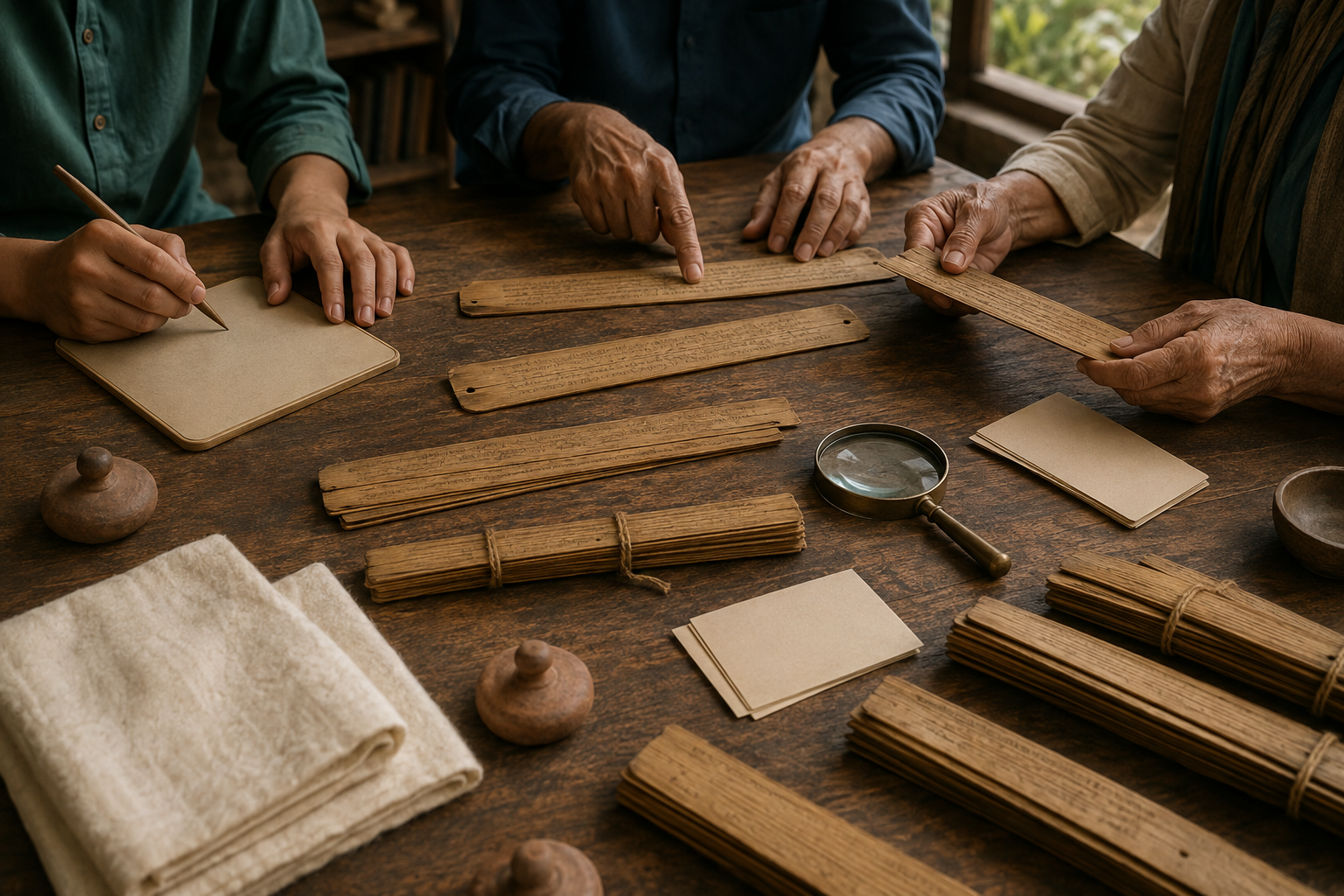 Three readers compare several palm-leaf manuscript bundles and conservation materials on a wooden research table.