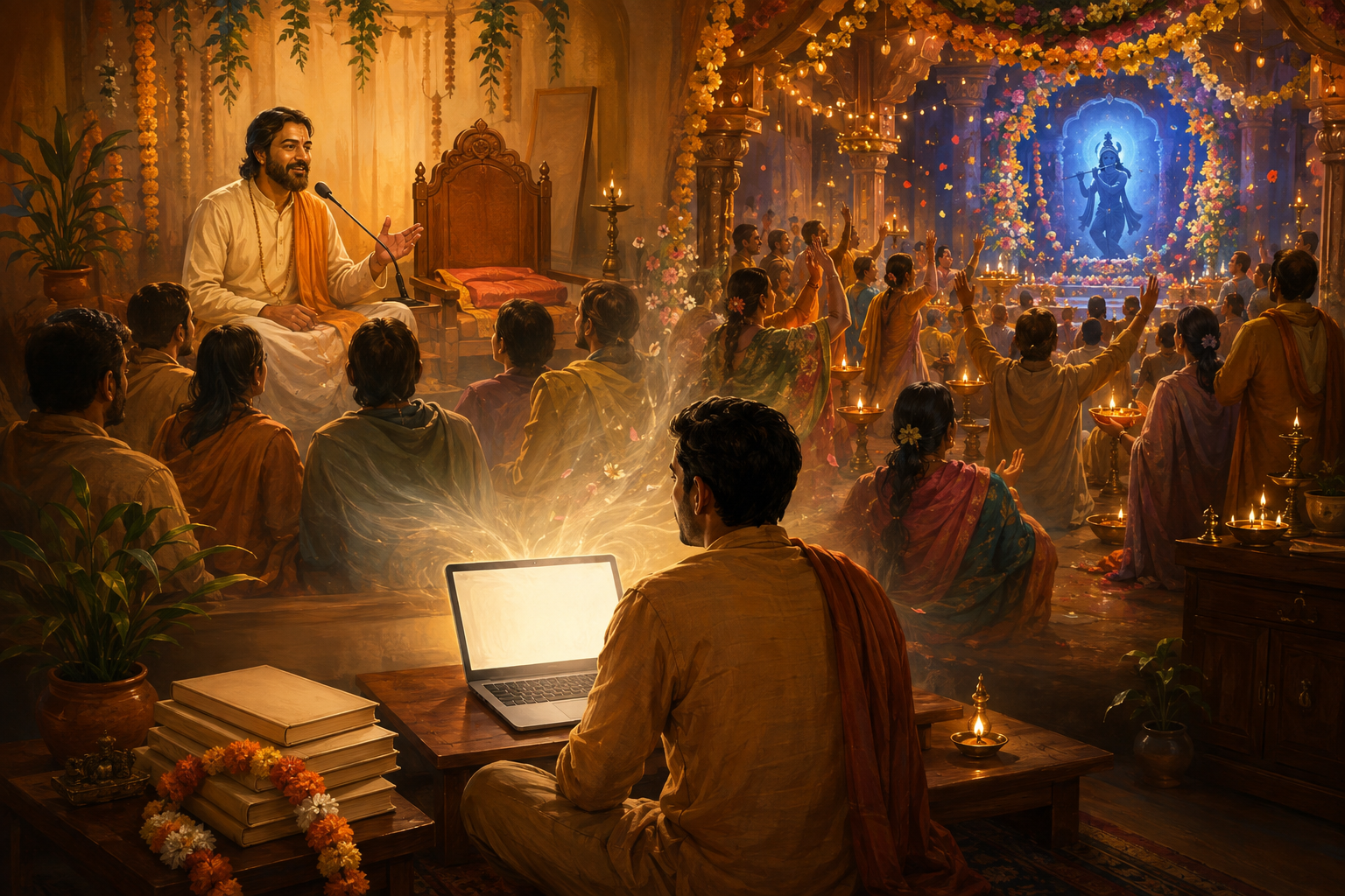 A devotee watches devotional programming on a laptop as imagery of a spiritual discourse and a Krishna festival appears in the surrounding glow.