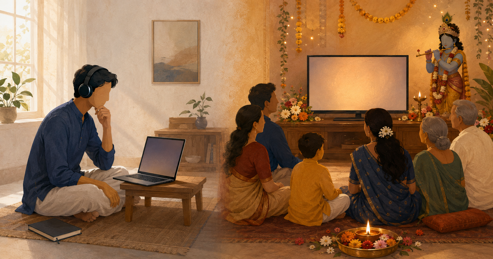A diptych shows one devotee listening attentively with headphones and a family watching a festive devotional programme together.