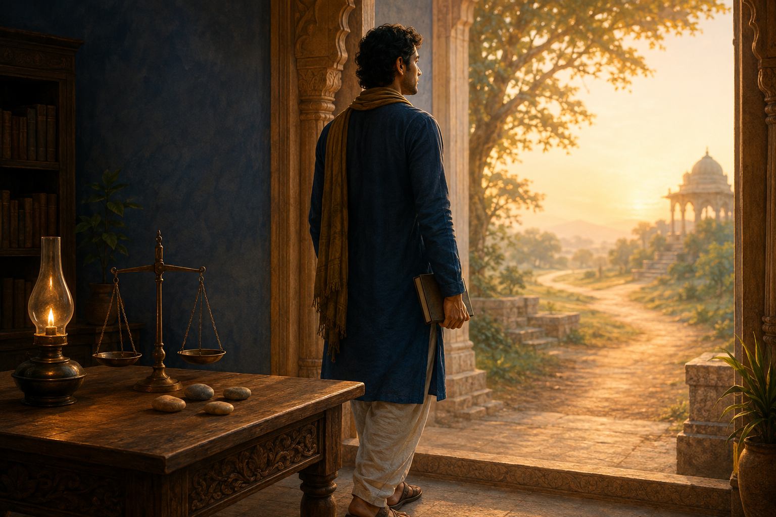 A person with an unmarked notebook pauses between a quiet study and a sunlit path beside an oil lamp, balance scale, and smooth stones.