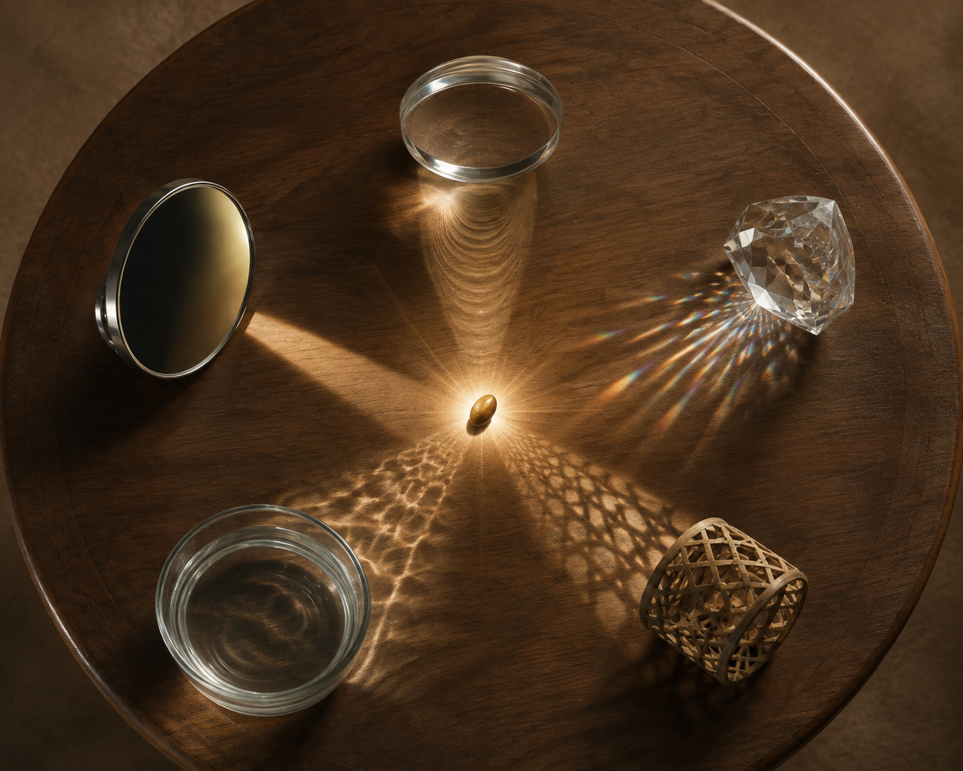 Five different optical objects surround a luminous seed on a round table, each producing a distinct reflection or shadow.