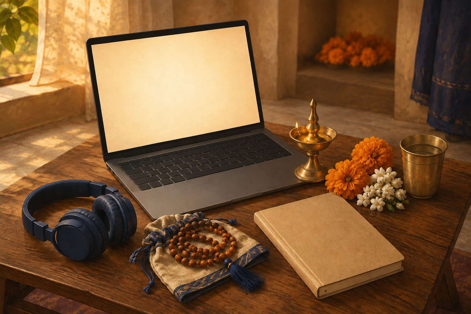 A laptop, headphones, prayer beads, flowers, water, and an oil lamp are arranged as a simple home devotional viewing space.
