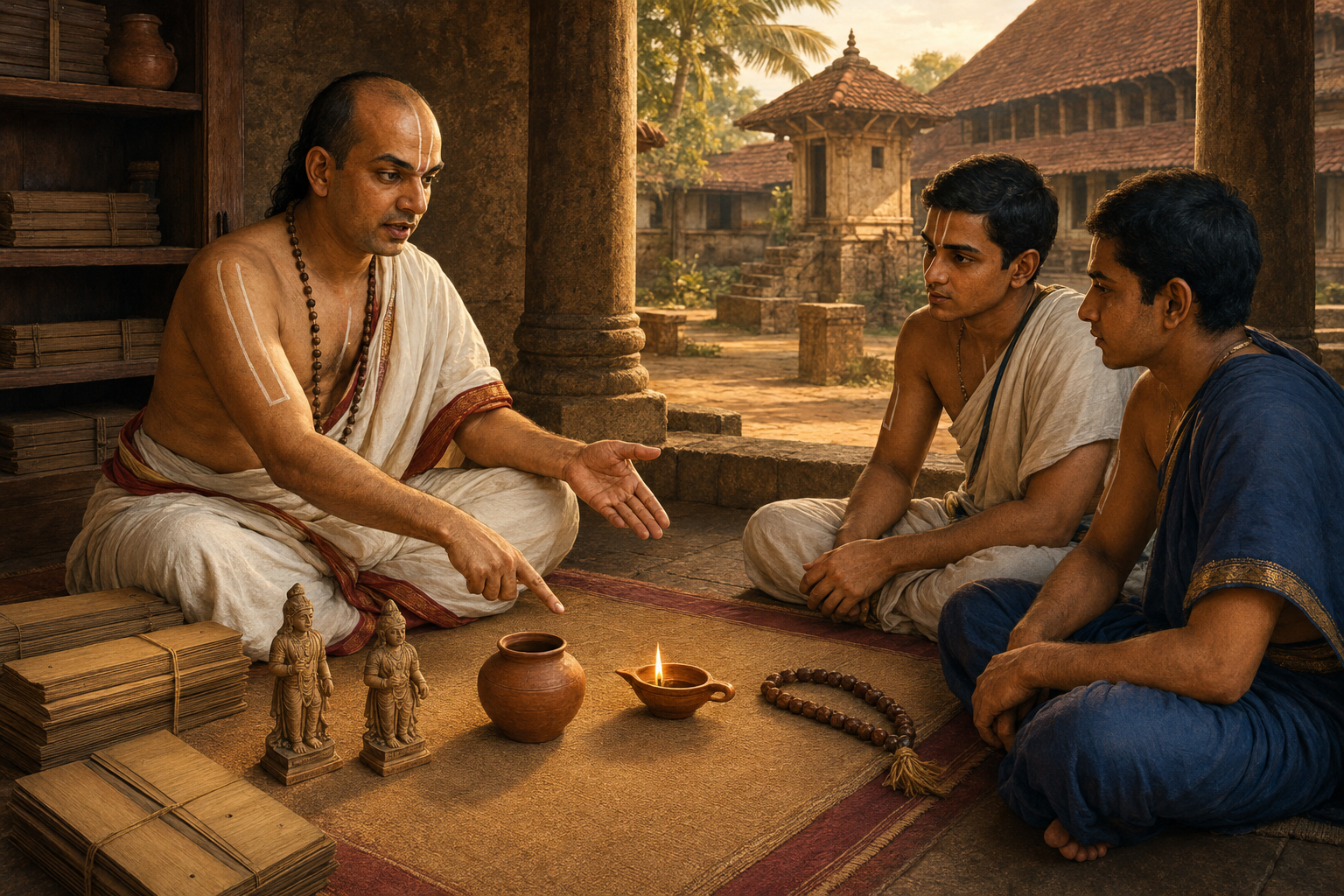 Madhva teaches two students in a medieval South Indian study while arranging a lamp, vessel, figures, and beads beside palm-leaf manuscripts.