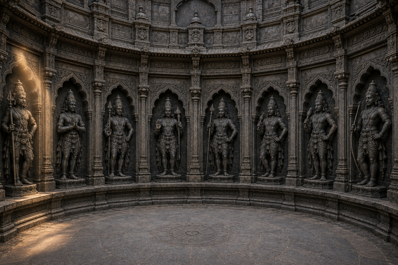 Eight distinct youthful guardian sculptures stand in separate niches arranged clockwise around an octagonal temple court.