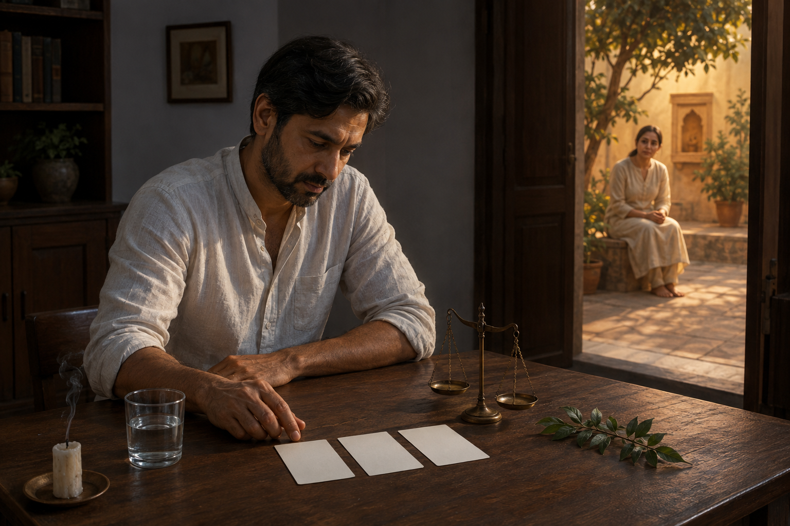 A person reflects over blank cards and a small balance scale at a desk while another person waits in a warmly lit courtyard.