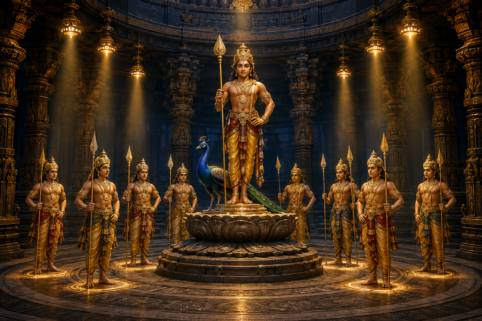 Murugan holding a vel stands with a peacock at the center of a circle formed by eight smaller guardian figures.