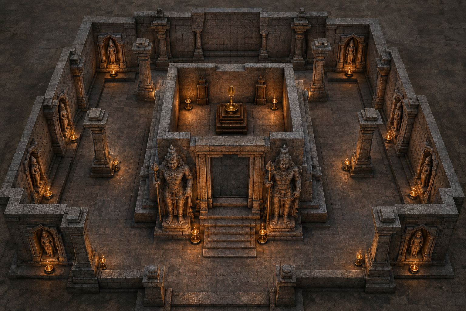 Cutaway view of a Murugan temple shows two doorway guardians at the sanctum entrance and eight smaller guardians around the enclosure.