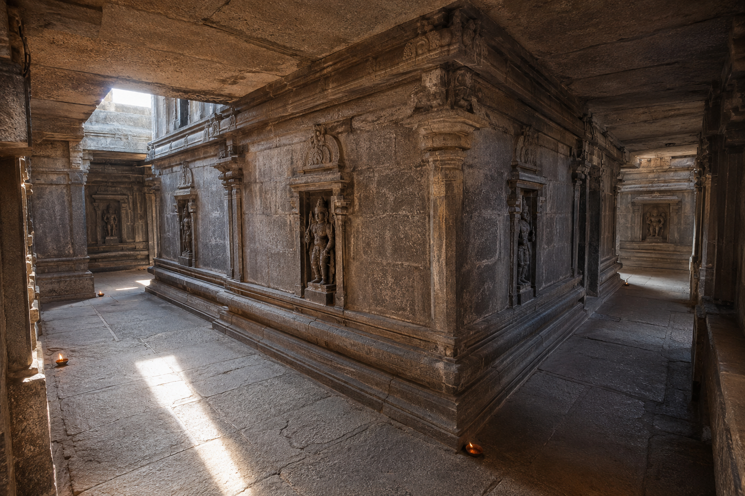 A stone temple passage reveals guardian niches positioned systematically around the walls of the sacred enclosure.